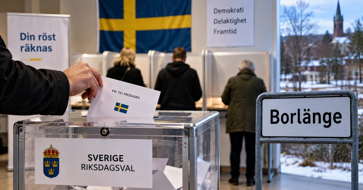 AI-generated editorial illustration representing voting in Borlänge during Sweden's parliamentary election.