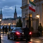 Illustration of an Iranian diplomatic official leaving a guarded embassy in Stockholm.