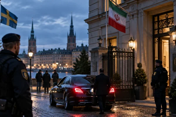 Illustration of an Iranian diplomatic official leaving a guarded embassy in Stockholm.