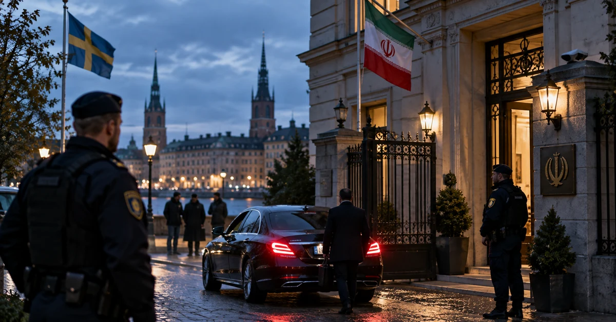 Illustration of an Iranian diplomatic official leaving a guarded embassy in Stockholm.