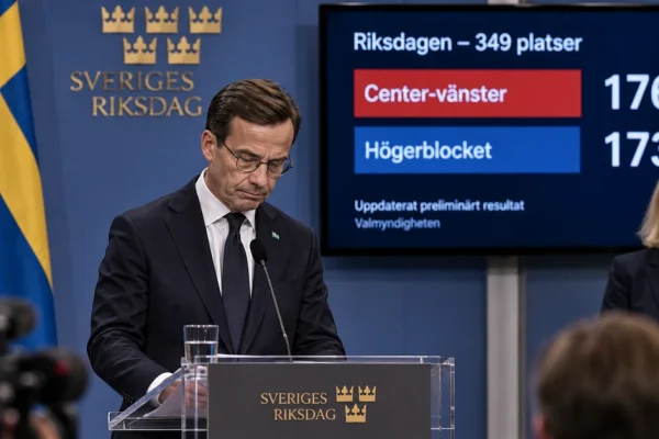 Illustration of Sweden's outgoing prime minister at a press conference with a 176-173 parliamentary seat graphic behind him.
