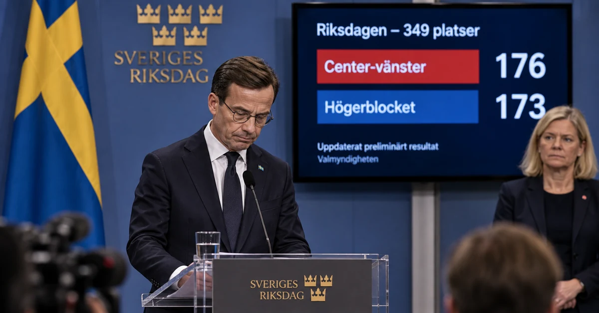 Illustration of Sweden's outgoing prime minister at a press conference with a 176-173 parliamentary seat graphic behind him.