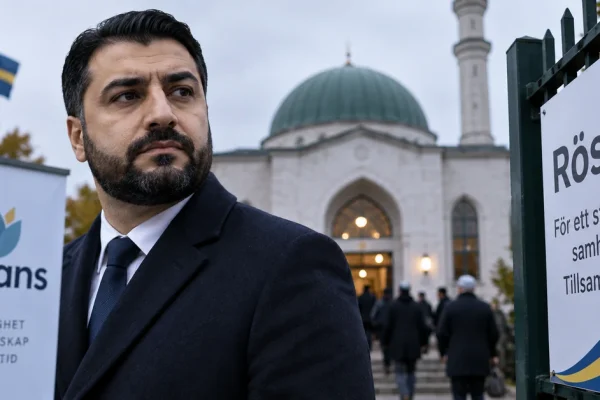 Illustration of Swedish election campaigning outside a mosque.