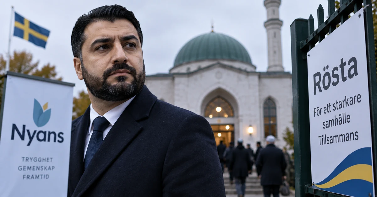Illustration of Swedish election campaigning outside a mosque.
