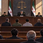 Illustration of a military court in Aleppo hearing cases arising from Syria's 2025 coastal violence.