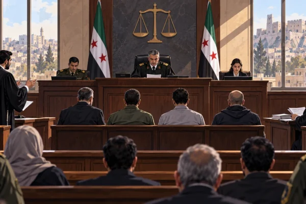 Illustration of a military court in Aleppo hearing cases arising from Syria's 2025 coastal violence.