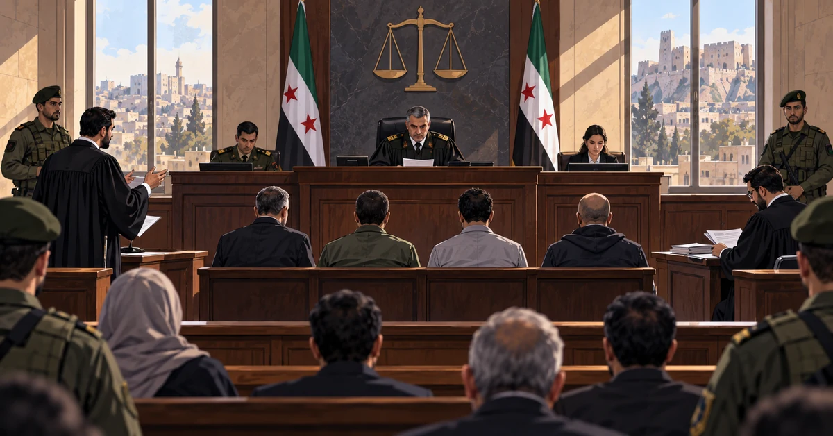 Illustration of a military court in Aleppo hearing cases arising from Syria's 2025 coastal violence.