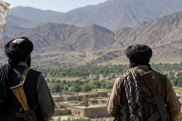 Armed men overlooking a mountainous Afghan landscape, illustrating the historical rivalry between the Taliban and Islamic State.