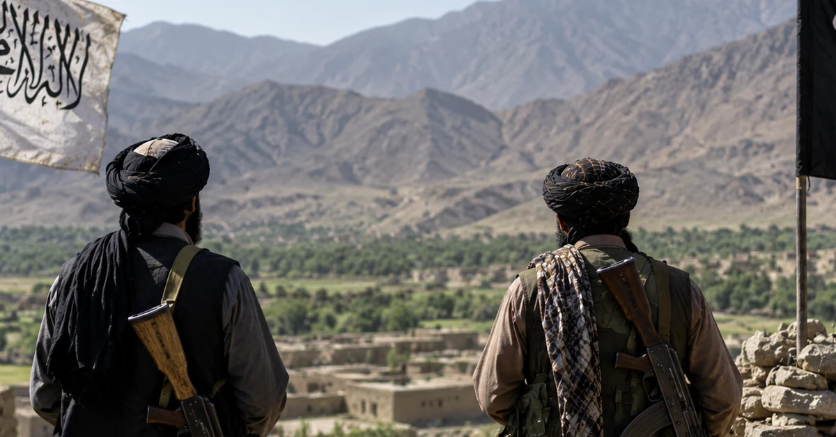 Armed men overlooking a mountainous Afghan landscape, illustrating the historical rivalry between the Taliban and Islamic State.