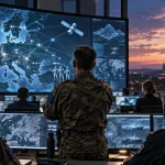 Illustration of a European military command centre using AI-enabled displays to coordinate air, land, sea and space operations.