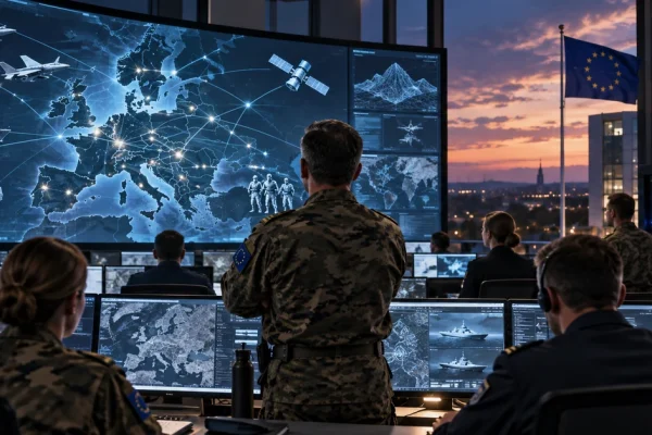 Illustration of a European military command centre using AI-enabled displays to coordinate air, land, sea and space operations.