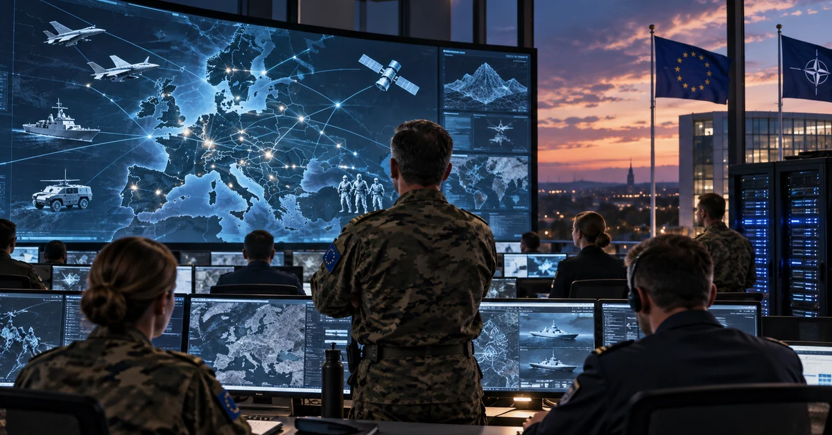 Illustration of a European military command centre using AI-enabled displays to coordinate air, land, sea and space operations.