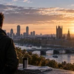 A reader overlooking London at sunset with a newspaper beside him.