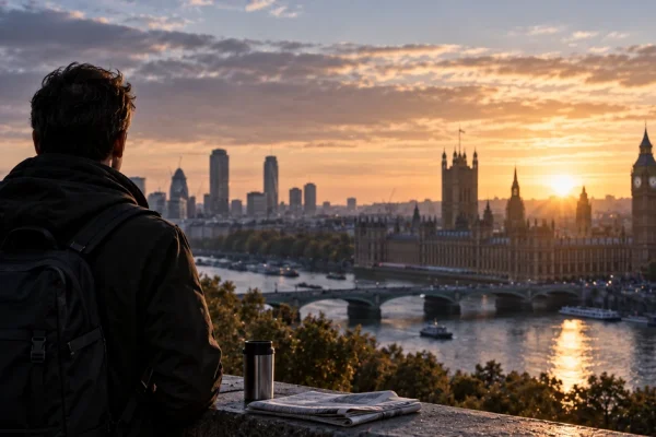 A reader overlooking London at sunset with a newspaper beside him.