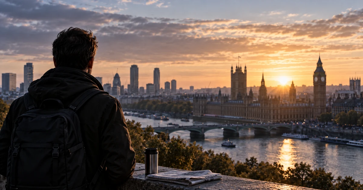 A reader overlooking London at sunset with a newspaper beside him.