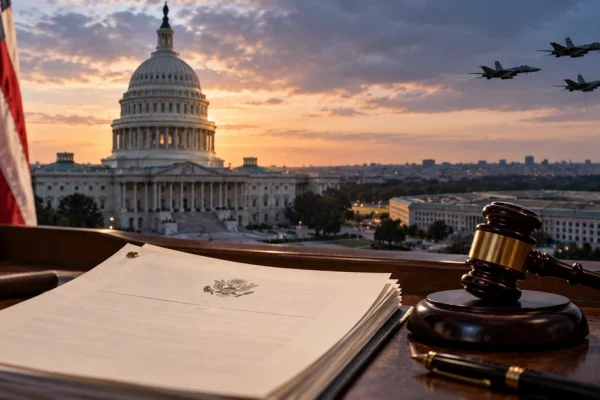 Impeachment papers and a gavel overlooking the U.S. Capitol and Pentagon with military aircraft in the distance.
