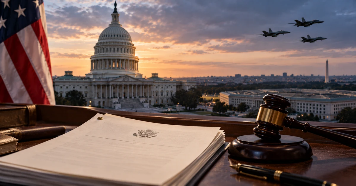 Impeachment papers and a gavel overlooking the U.S. Capitol and Pentagon with military aircraft in the distance.