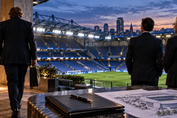 Illustration of a departing football club investor as remaining owners look over a stadium and redevelopment plans.