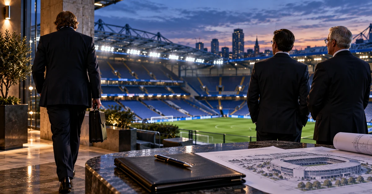 Illustration of a departing football club investor as remaining owners look over a stadium and redevelopment plans.