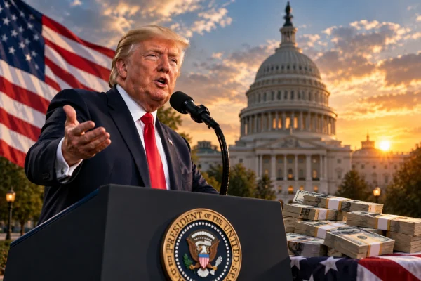 Donald Trump speaking near the US Capitol with stacks of dollar bills beside the podium