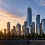American flag at the 9/11 Memorial with One World Trade Center in the background
