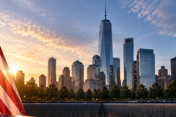 American flag at the 9/11 Memorial with One World Trade Center in the background