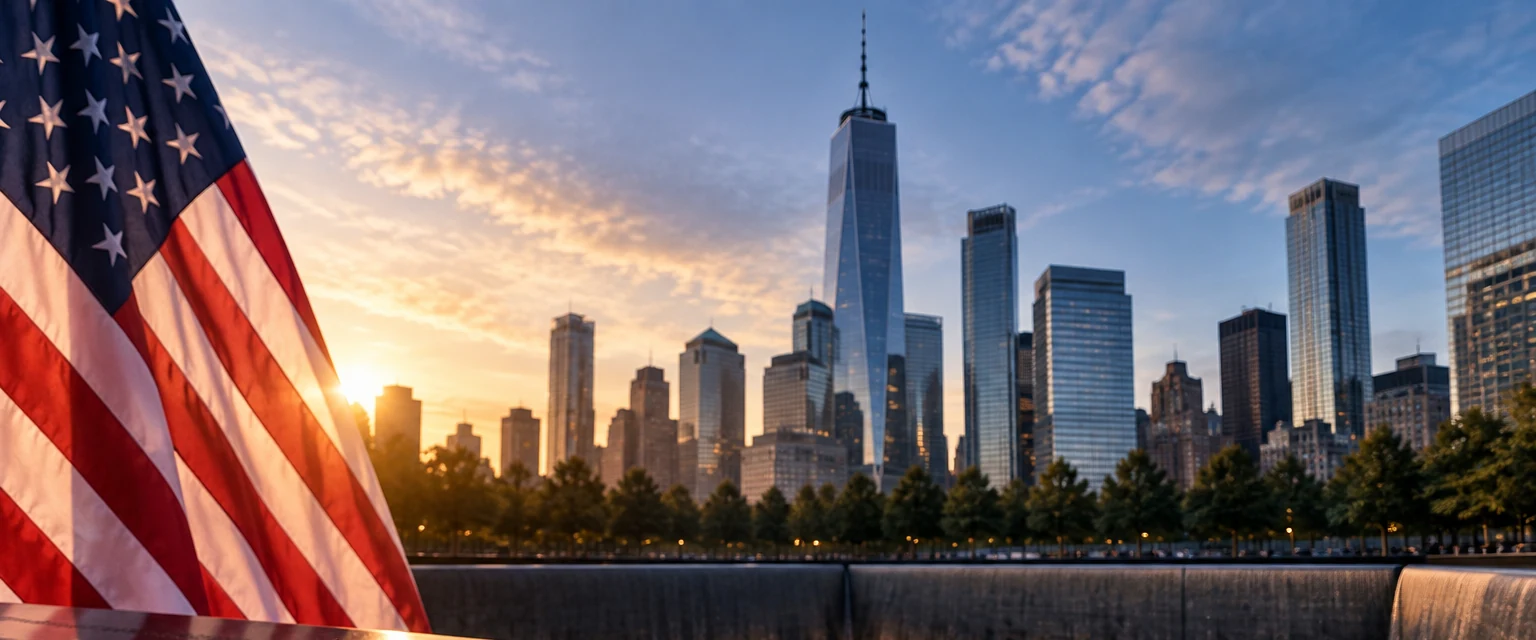 American flag at the 9/11 Memorial with One World Trade Center in the background