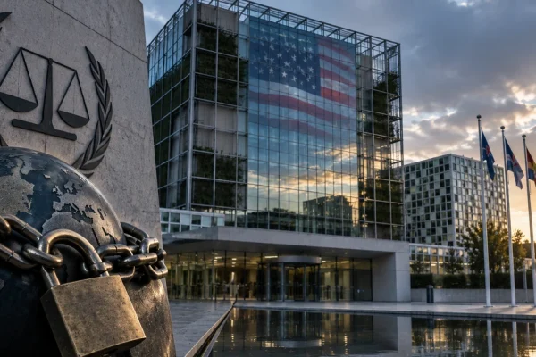 Editorial illustration of an international court building and a chained globe, representing reported US financial sanctions against the ICC.