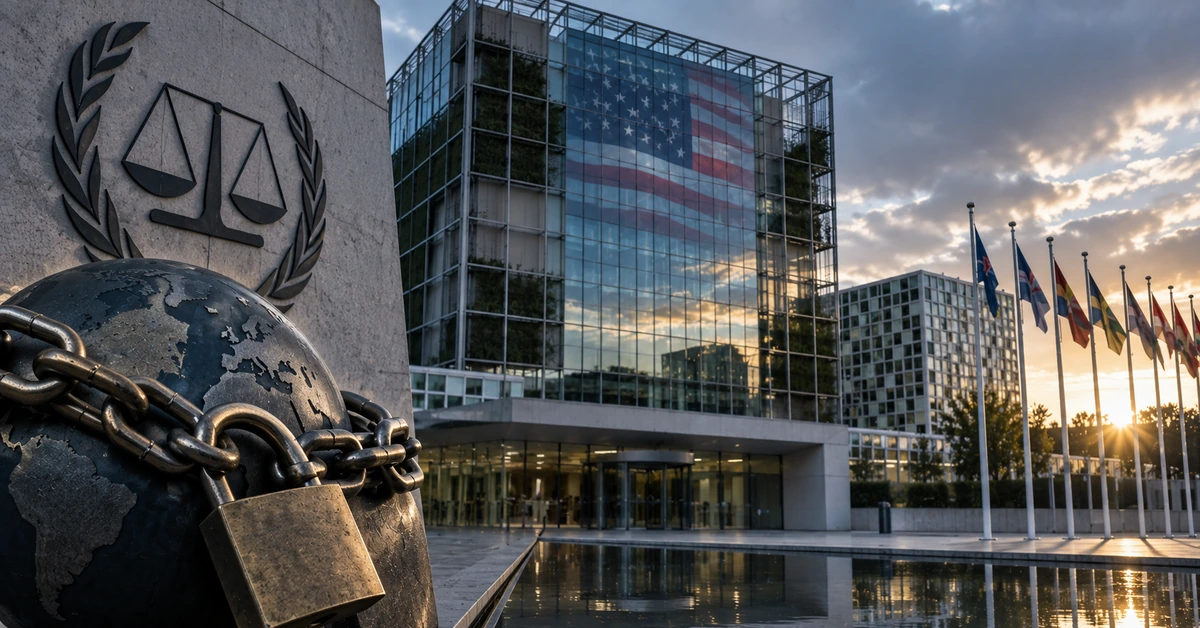 Editorial illustration of an international court building and a chained globe, representing reported US financial sanctions against the ICC.