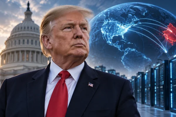 Editorial illustration of Donald Trump with the US Capitol, data centres and a digital US-China technology rivalry backdrop.