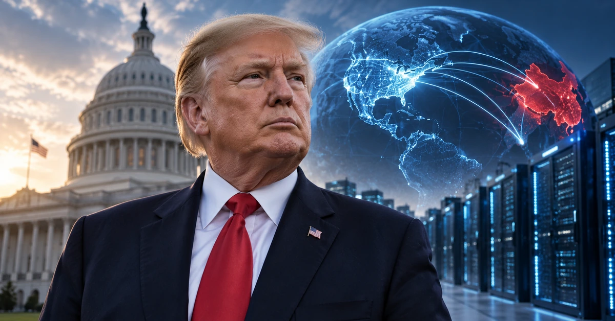Editorial illustration of Donald Trump with the US Capitol, data centres and a digital US-China technology rivalry backdrop.