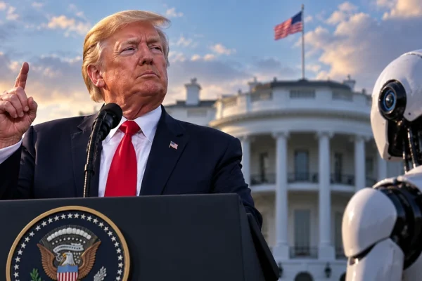Donald Trump speaking outside the White House opposite an advanced humanoid robot representing artificial intelligence