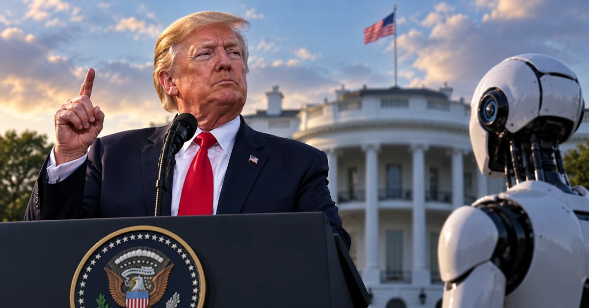 Donald Trump speaking outside the White House opposite an advanced humanoid robot representing artificial intelligence