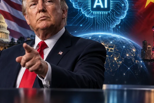 Donald Trump framed by American and Chinese flags with digital artificial intelligence imagery