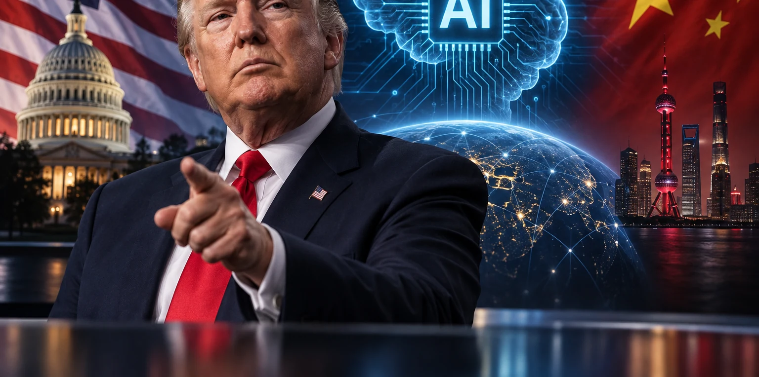 Donald Trump framed by American and Chinese flags with digital artificial intelligence imagery