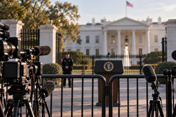 Editorial illustration of television cameras and microphones behind barriers outside the White House, representing restrictions on media access.