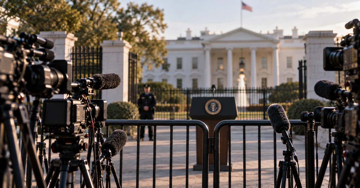 Editorial illustration of television cameras and microphones behind barriers outside the White House, representing restrictions on media access.