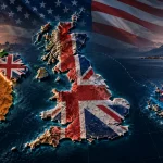 Geopolitical composition showing Britain, Ireland and the Falkland Islands with British, Irish and American symbolism