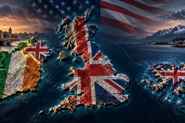 Geopolitical composition showing Britain, Ireland and the Falkland Islands with British, Irish and American symbolism