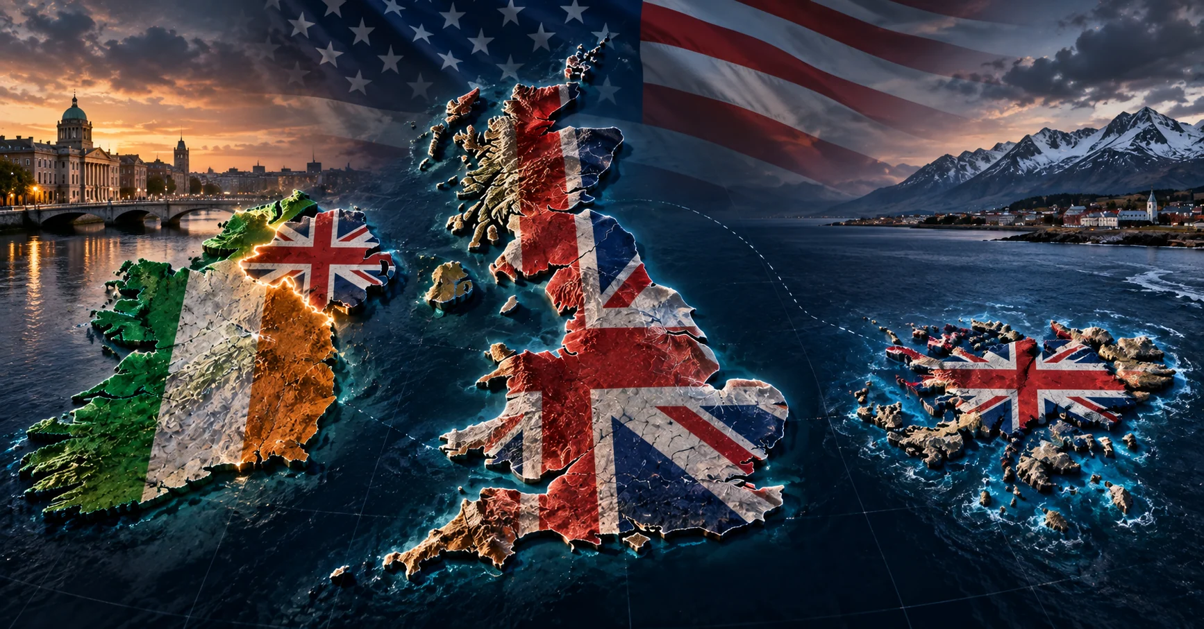 Geopolitical composition showing Britain, Ireland and the Falkland Islands with British, Irish and American symbolism