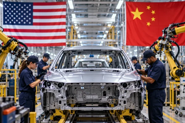 Modern automobile factory production line with American and Chinese flags behind an unfinished car