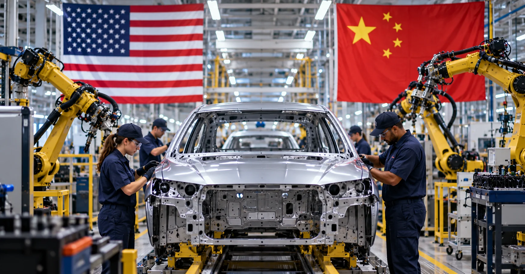 Modern automobile factory production line with American and Chinese flags behind an unfinished car