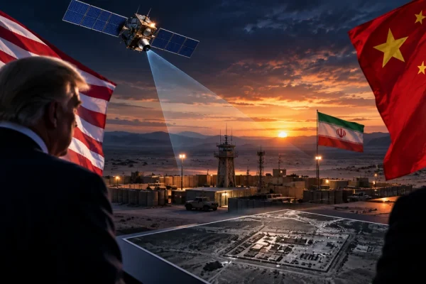 U.S., Chinese and Iranian flags surrounding a desert military base under satellite surveillance