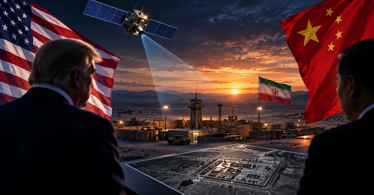 U.S., Chinese and Iranian flags surrounding a desert military base under satellite surveillance