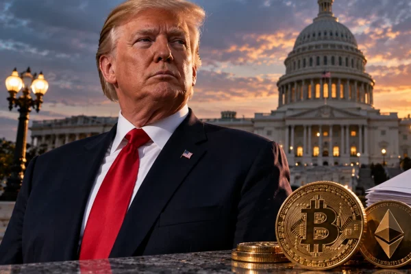 Donald Trump with cryptocurrency coins and the U.S. Capitol at sunset