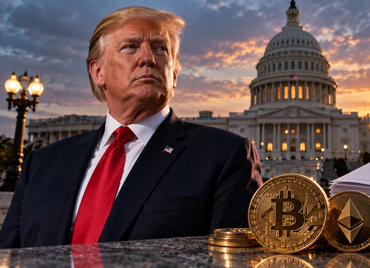 Donald Trump with cryptocurrency coins and the U.S. Capitol at sunset