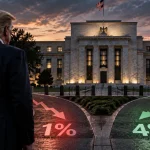 Illustration of Donald Trump facing the Federal Reserve as contrasting interest-rate paths show 1% and 4%.