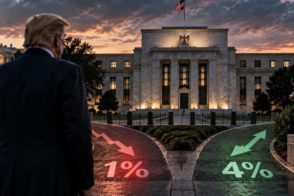 Illustration of Donald Trump facing the Federal Reserve as contrasting interest-rate paths show 1% and 4%.