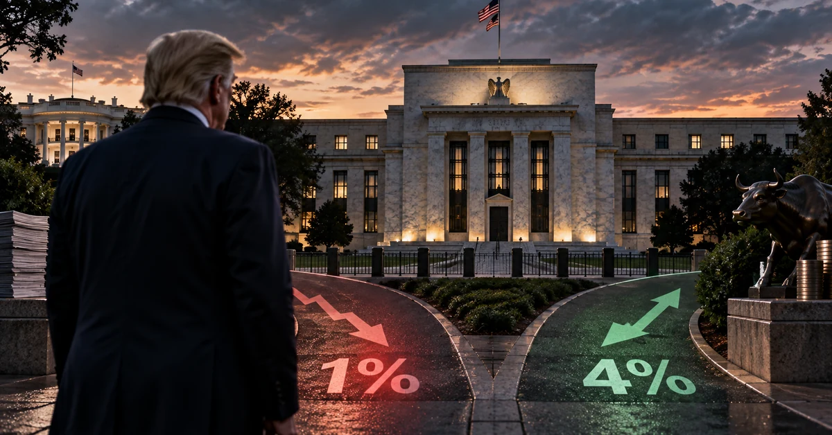 Illustration of Donald Trump facing the Federal Reserve as contrasting interest-rate paths show 1% and 4%.