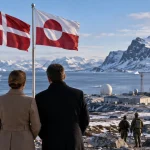 AI-generated editorial illustration representing expanded US military access in Greenland under a trilateral agreement with Denmark and Greenland.